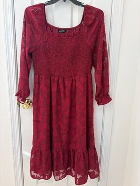 BloomChic Burgundy Lace Off-Shoulder Smocked Square Neck Midi Dress